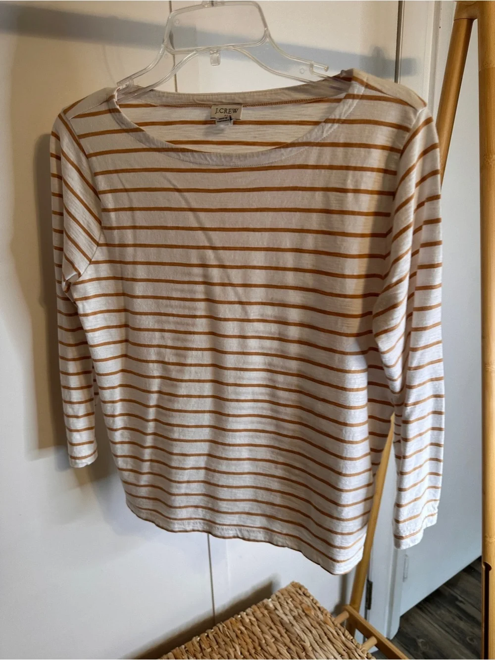 J. Crew Crewneck Long-Sleeve White Top with Tan Stripes